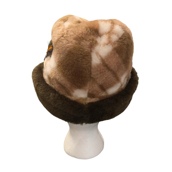 Vintage Faux Fur Brown and White Plaid Fedora Hat with Earflaps and Feather - Picture 5 of 8